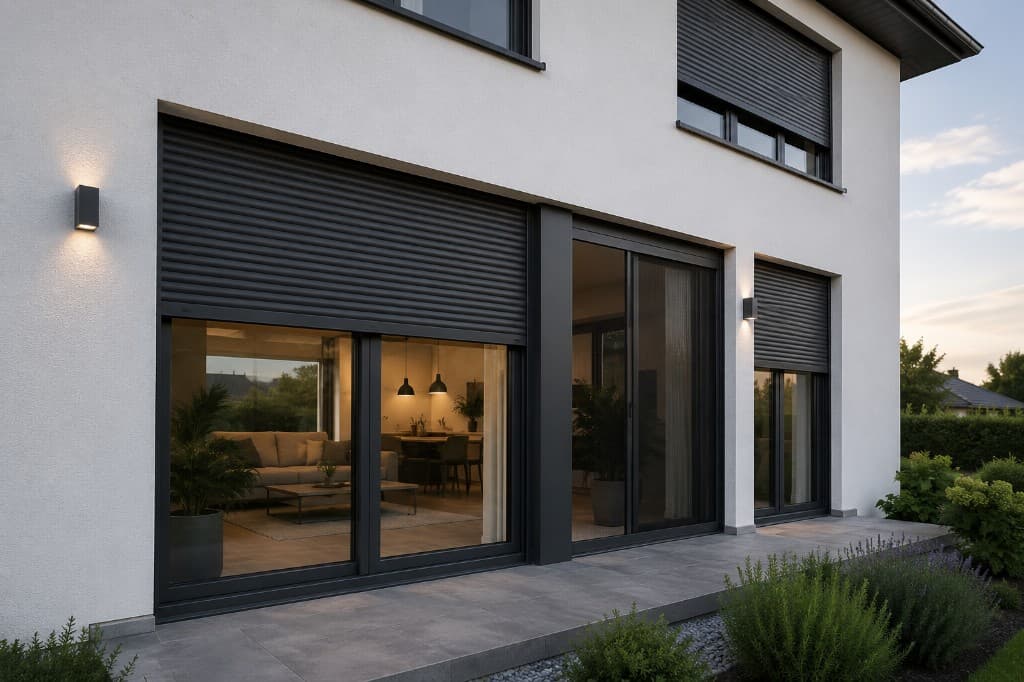Modernes Haus mit Fenstern, Türen und Sonnenschutz (Rollläden)